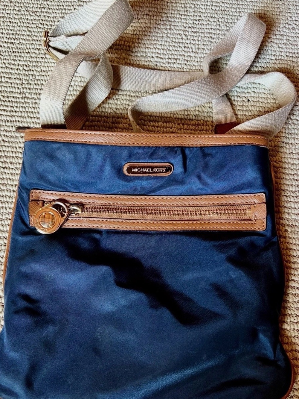 Michael Kors Navy and Tan Leather-Trim Crossbody
